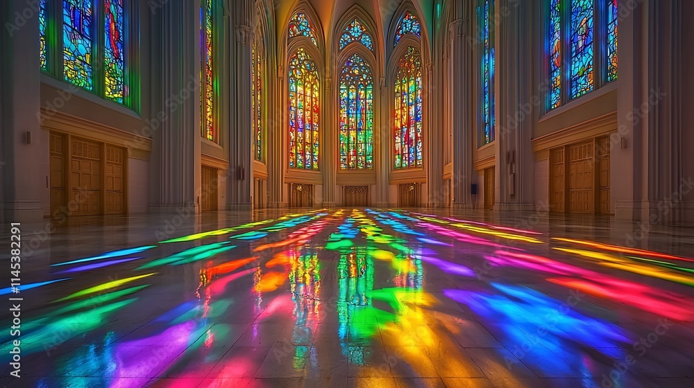 Obraz premium Colorful stained glass church interior reflecting vibrant light on the floor.