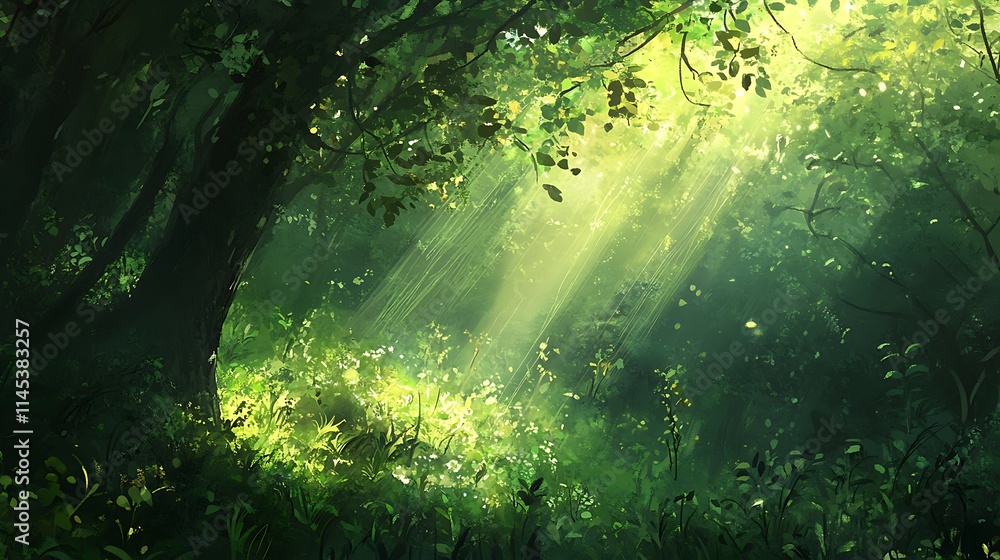 Obraz premium Soft beams of sunlight penetrate the thick canopy above, lighting up the green leaves and creating a peaceful, nature-filled scene in a quiet forest 