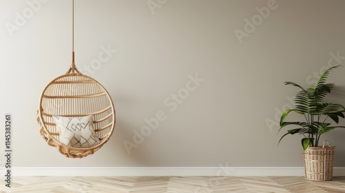 A hanging wicker chair with a cushion sits against a neutral wall with a potted plant beside it