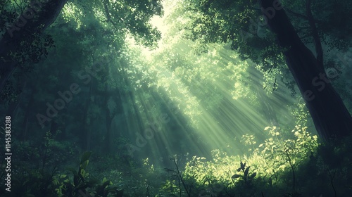 Soft beams of sunlight penetrate the thick canopy above, lighting up the green leaves and creating a peaceful, nature-filled scene in a quiet forest 