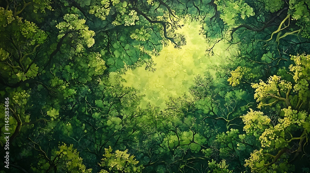 Fototapeta premium The forest comes to life with the glow of morning light, filtering through the lush green canopy and casting delicate patterns across the earth below 