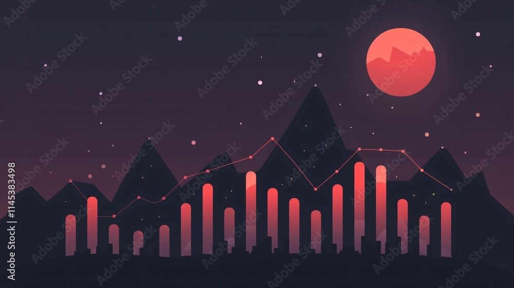 Night Cityscape Data Growth Financial Chart Red Moon Mountains Night Cityscape Data Growth Financial Chart Red Moon Mountains