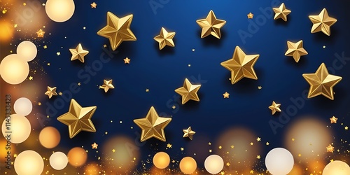 Christmas Stars string Lights On Blue Night - Abstract Defocused Bokeh In Background