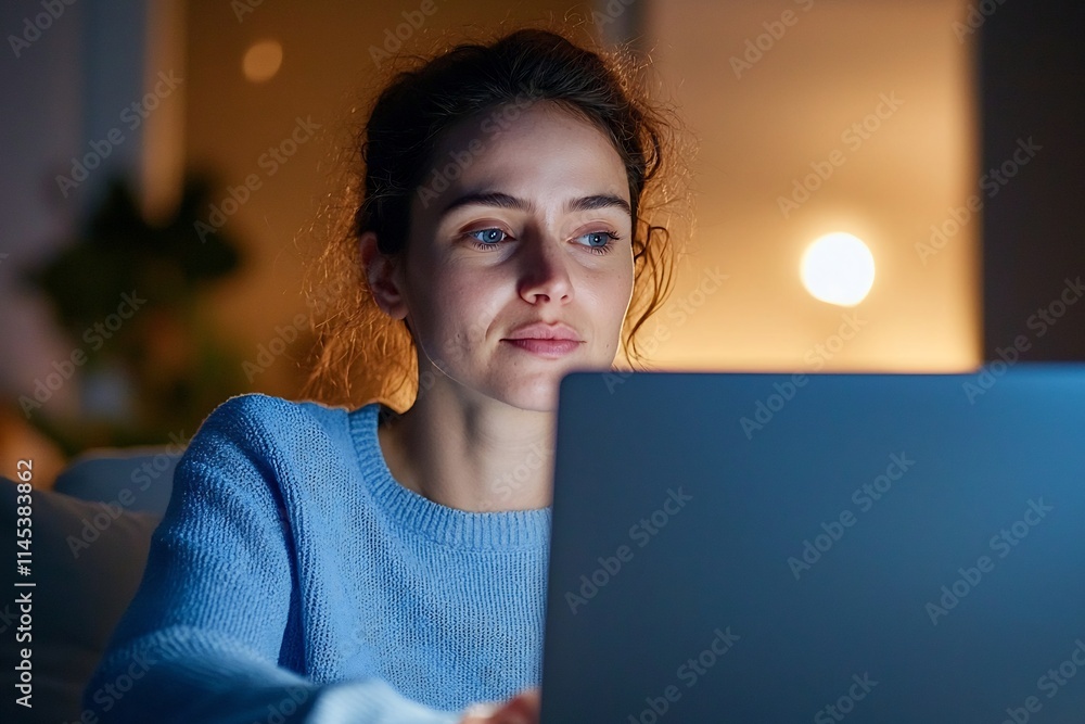 Focused and Determined Woman Working from Home on Laptop with Soft Lighting and Cinematic Feel Focused and Determined Woman Working from Home on Laptop with Soft Lighting and Cinematic Feel