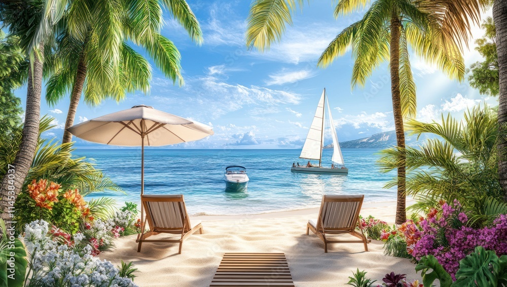 Fototapeta premium Tropical Beach Paradise with Lounge Chairs and Sailboat