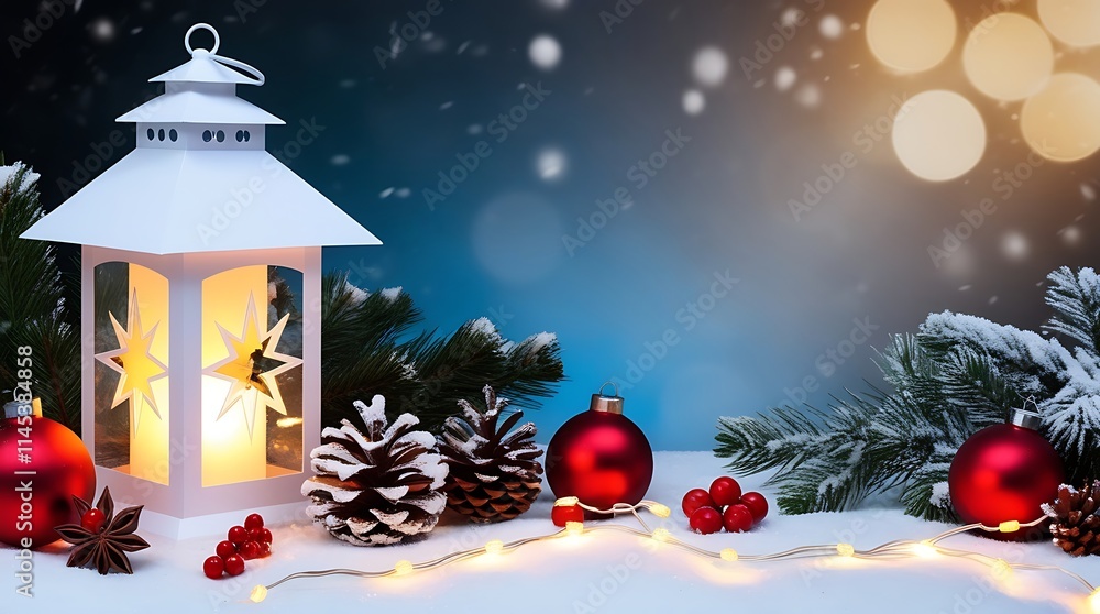 Christmas Lantern On Snowy Table With Fir Branches And Ornaments Christmas Lantern On Snowy Table With Fir Branches And Ornaments