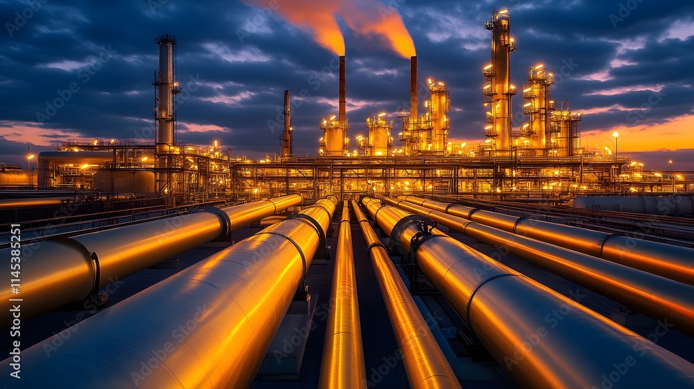A large industrial area with many pipes and a lot of lights. The lights are on and the area is very busy A large industrial area with many pipes and a lot of lights. The lights are on and the area is very busy