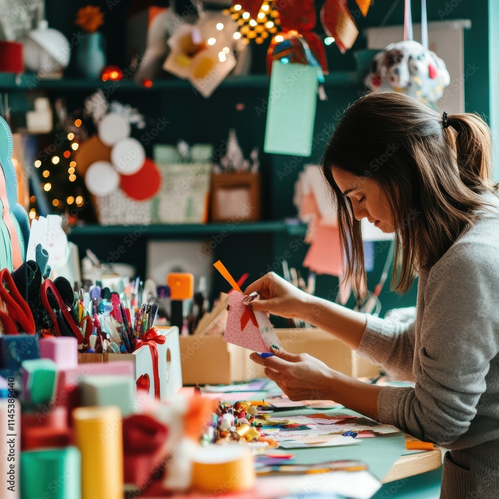 Fototapeta premium Creative Young Woman Engaged in Artistic Crafting with Colorful Supplies
