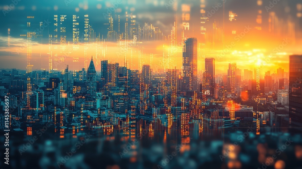 Dynamic sunset over blurred urban skyline business environment digital transparency in architecture Dynamic sunset over blurred urban skyline business environment digital transparency in architecture