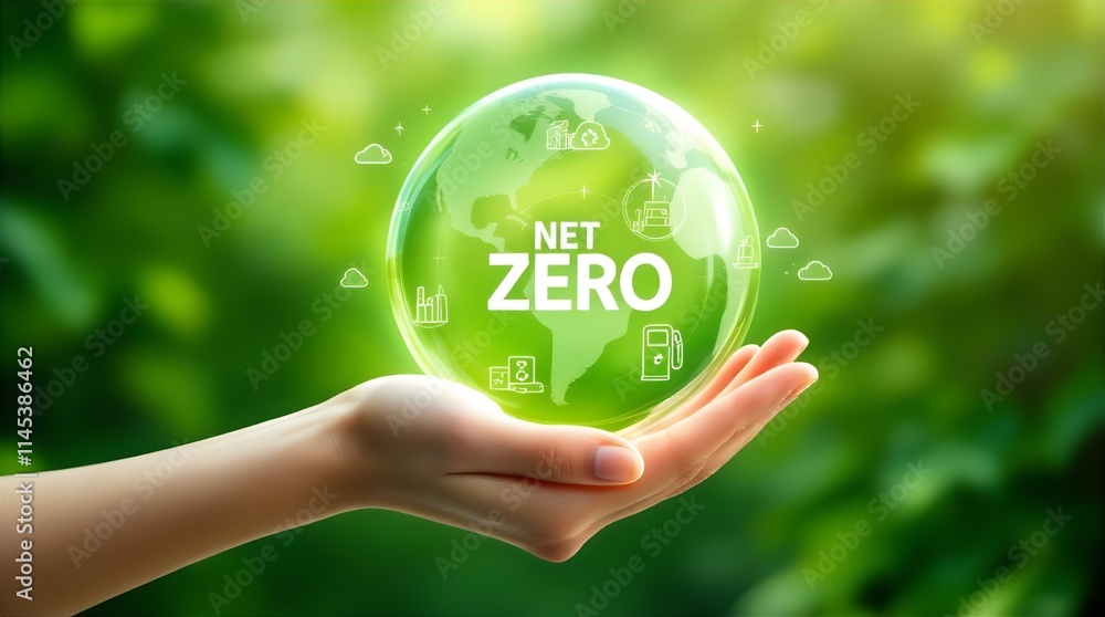 Woman's Hand Gently Holding a Green Net Zero Globe, Symbolizing Environmental Sustainability and Climate Action Woman's Hand Gently Holding a Green Net Zero Globe, Symbolizing Environmental Sustainability and Climate Action