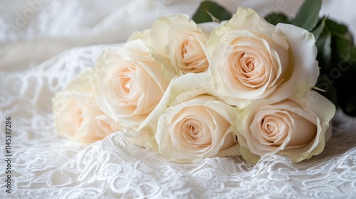A bouquet of elegant roses against a vintage lace backdrop, close-up shot, Romantic style