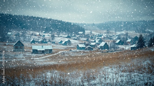 Wallpaper Mural Snowy winter village scene remote countryside landscape overcast sky serene environment cold atmosphere Torontodigital.ca