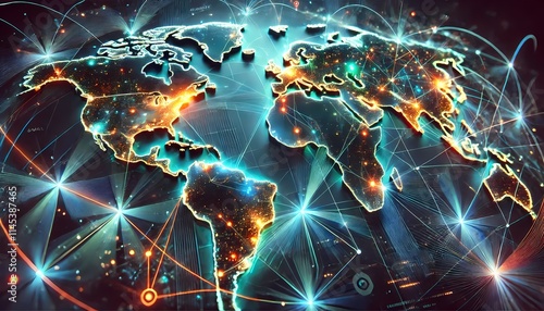 A concept of international trade with a digital map and glowing lines indicating global connections