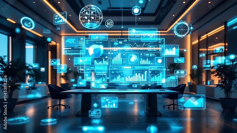3D office environment with floating business analytics, graphs, and statistics. Modern workspace concept visualizing data, trends, and futuristic business insights. 3D office environment with floating business analytics, graphs, and statistics. Modern workspace concept visualizing data, trends, and futuristic business insights.