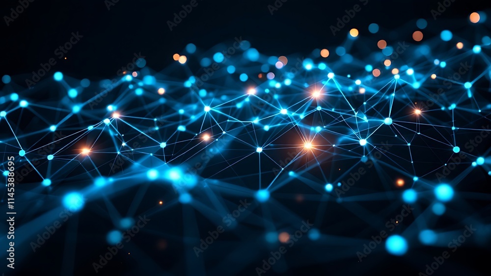 Obraz premium 3D wireframe network with glowing nodes and connections against a dark background. Visualizing technology, data flow, and digital connectivity in a futuristic digital network.