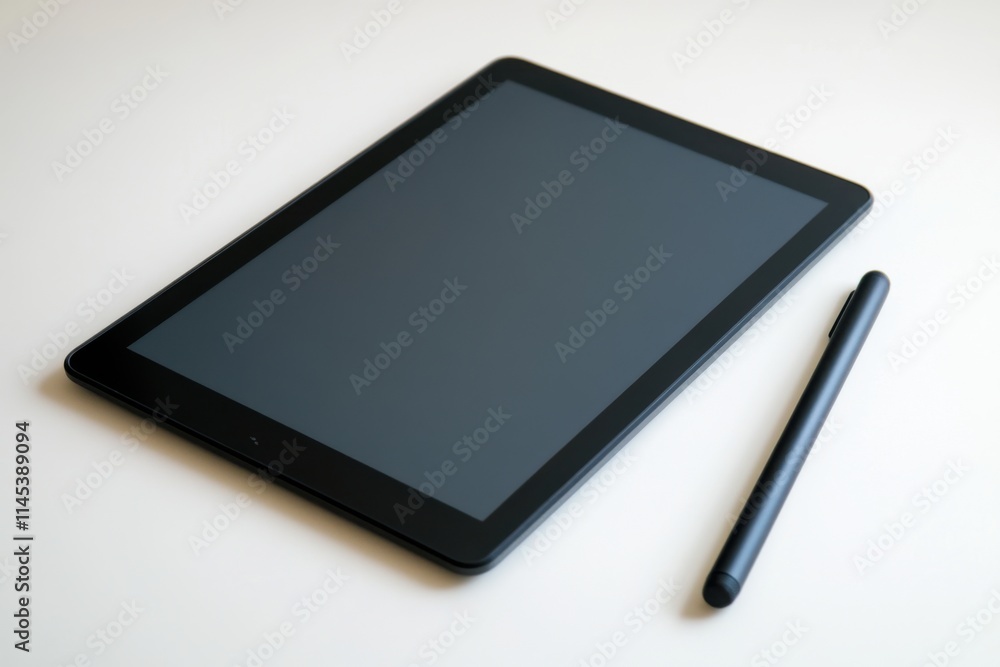 Sleek Black Tablet and Stylus on Clean White Background Ready for Creative Work or Entertainment Sleek Black Tablet and Stylus on Clean White Background Ready for Creative Work or Entertainment