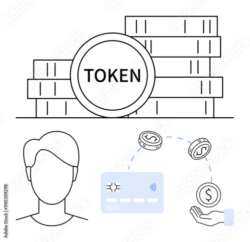 User profile, credit card, floating coins, and a hand illustrate digital currency and transactions. Ideal for fintech, cryptocurrency, digital payments, user authentication, e-commerce banking