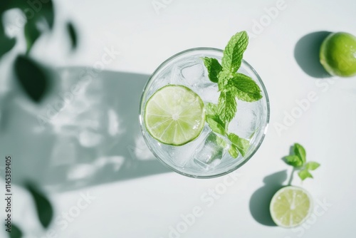 Refreshing Lime and Mint Summer Drink with Cool Ice and Plant Shadows