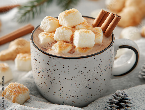 Hot Chocolate with Toasted Marshmallows and Cinnamon Sticks