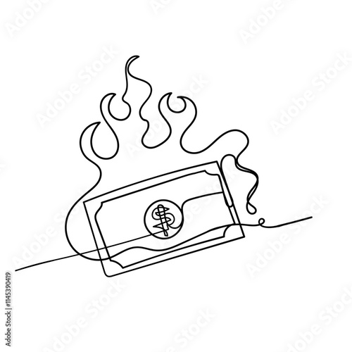 continuous line drawing money on fire sign