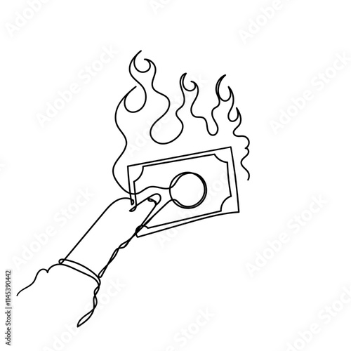 continuous line drawing money on fire sign