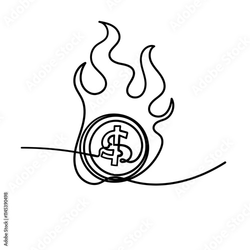 continuous line drawing money on fire sign