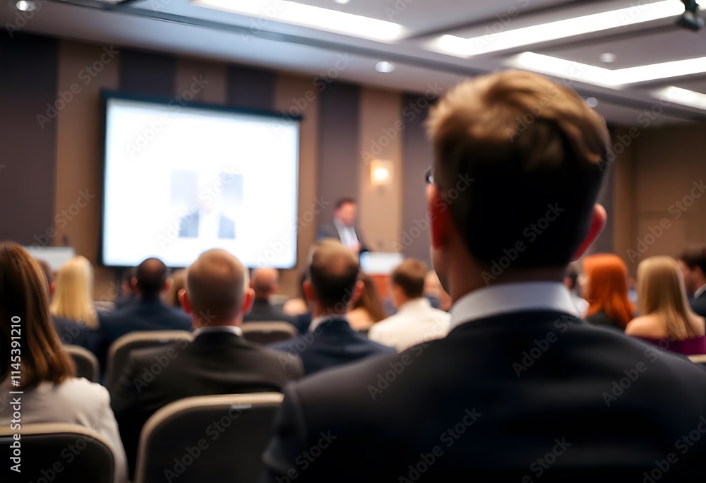 Obraz premium Professional corporate meeting with a speaker presenting to an audience.