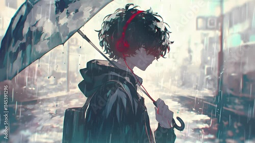 Anime boy with headphones walking through a rainy street calm atmosphere.. Anime style loop