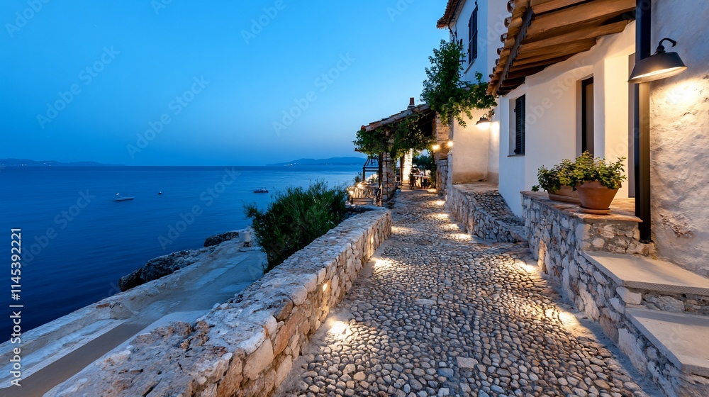 Fototapeta premium Scenic coastal pathway at dusk with serene ocean view.