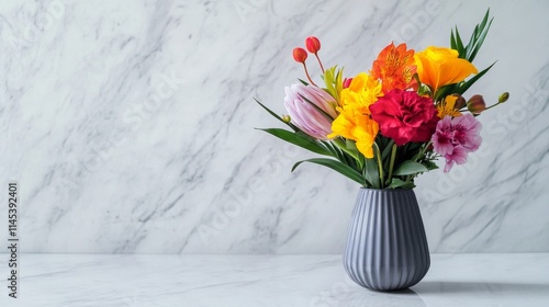 A bouquet of exotic tropical flowers in a modern ceramic vase on a white marble countertop, side view shot, Contemporary style