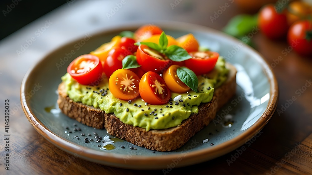 Avocado toast topped with a sprinkle of chia seeds and fresh cherry tomatoes, showcasing a healthy, vibrant breakfast or snack in a delicious, visually appealing composition. Avocado toast topped with a sprinkle of chia seeds and fresh cherry tomatoes, showcasing a healthy, vibrant breakfast or snack in a delicious, visually appealing composition.