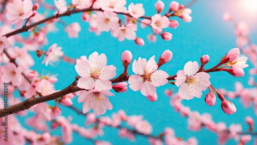Delicate light pink cherry blossom branches with a blue sky background Delicate light pink cherry blossom branches with a blue sky background