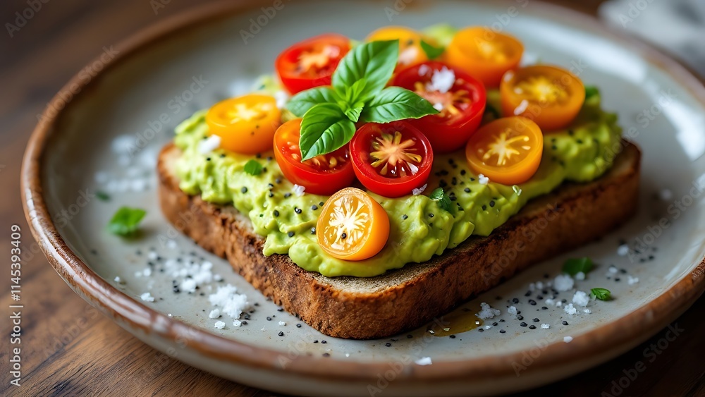 Avocado toast topped with a sprinkle of chia seeds and fresh cherry tomatoes, showcasing a healthy, vibrant breakfast or snack in a delicious, visually appealing composition. Avocado toast topped with a sprinkle of chia seeds and fresh cherry tomatoes, showcasing a healthy, vibrant breakfast or snack in a delicious, visually appealing composition.