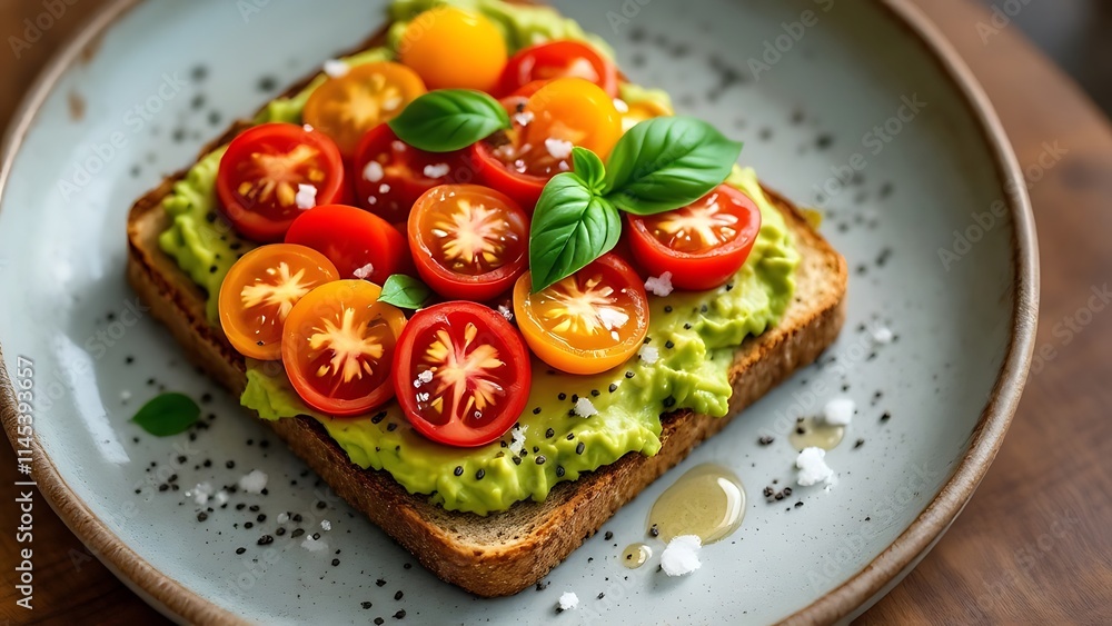 Avocado toast topped with a sprinkle of chia seeds and fresh cherry tomatoes, showcasing a healthy, vibrant breakfast or snack in a delicious, visually appealing composition. Avocado toast topped with a sprinkle of chia seeds and fresh cherry tomatoes, showcasing a healthy, vibrant breakfast or snack in a delicious, visually appealing composition.
