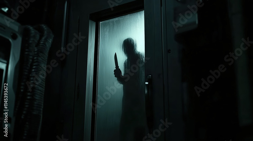 A killer's silhouette holding a knife is visible through a glass door. 