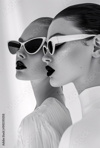 A photo portrait of two beautiful female models wearing black sunglasses and black dress
