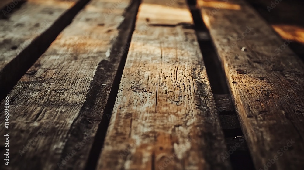 Close-up of weathered, aged wooden planks showing texture, grain, and sunlight.
