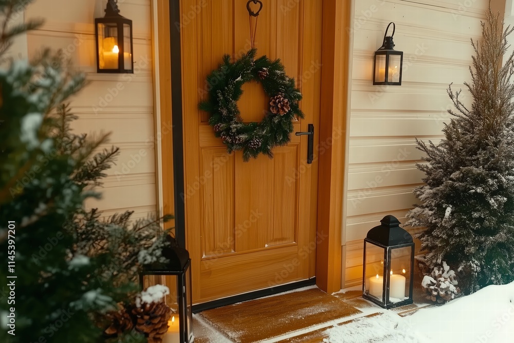 Festive Winter Doorway Decor with Snowy Charm by Generative Ai Festive Winter Doorway Decor with Snowy Charm by Generative Ai