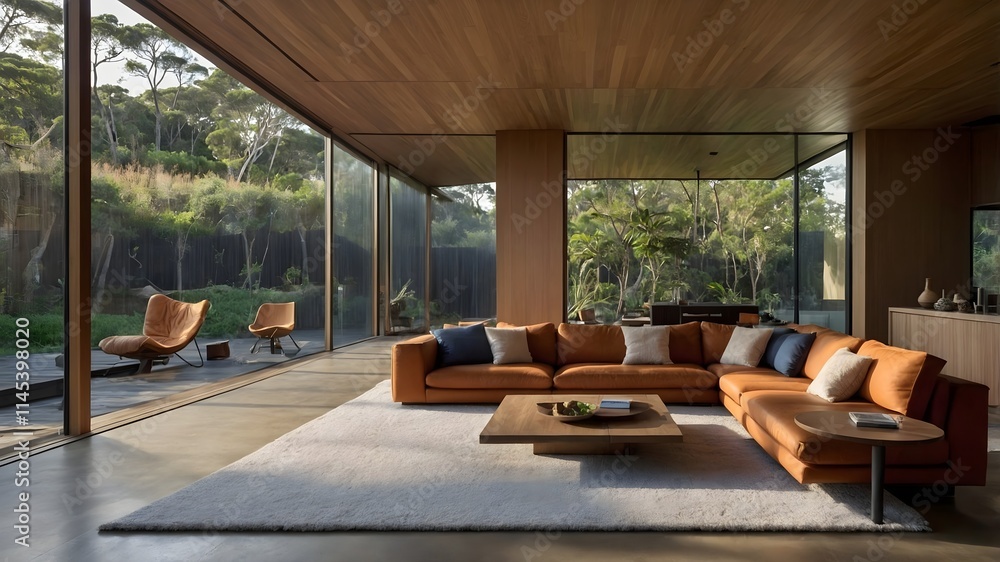 Fototapeta premium Modern Home Living Room in Luxury Hotel Style, Japanese and Australian-Inspired Design with Natural Materials, Earthy Tones, and Scenic Views (AI-Generated)