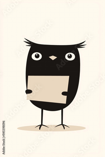 cartoon illustration of owl bird holding blank sign anthropomorphic expression space for text neutral background