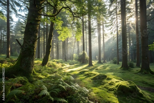 Mystical Sunrise in Serene Forest Landscape photo