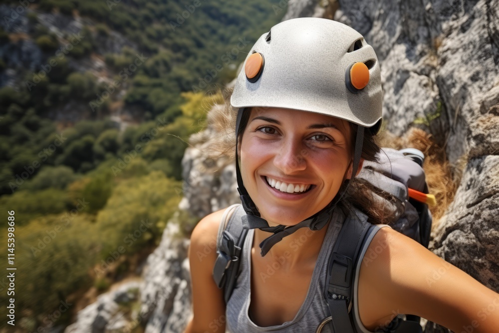 Portrait of a young female climber on a rocky wall. Portrait of a young female climber on a rocky wall.