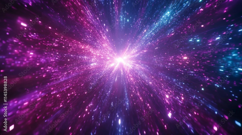 A vibrant cosmic explosion of purple and blue light streaks A vibrant cosmic explosion of purple and blue light streaks