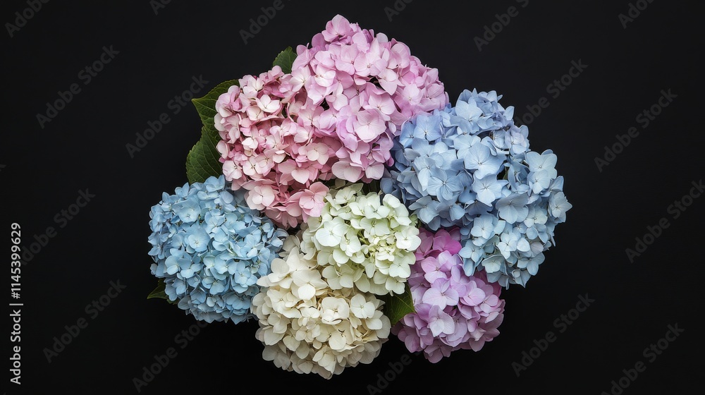 A bouquet of fresh hydrangea flowers in various pastel colors arranged against a clean black backdrop, top-down shot, Minimalist style A bouquet of fresh hydrangea flowers in various pastel colors arranged against a clean black backdrop, top-down shot, Minimalist style