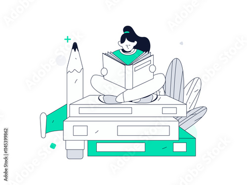 World Book Day Reading Character Flat Vector Concept Operation Hand Drawn Illustration
