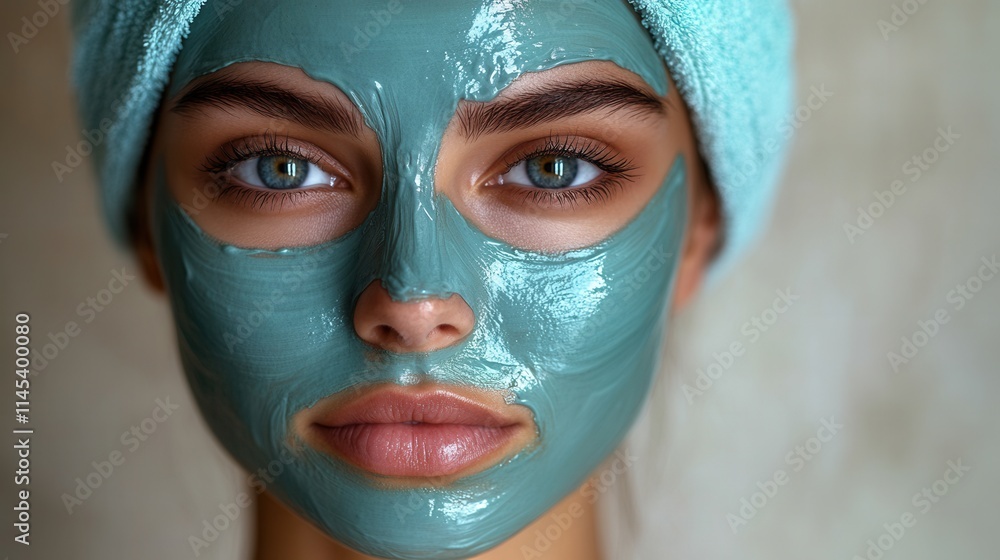 A woman with a green facial mask, emphasizing skincare and relaxation. A woman with a green facial mask, emphasizing skincare and relaxation.
