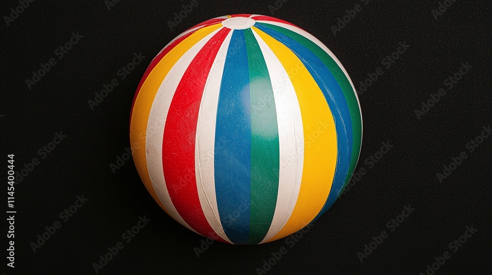 Colorful Striped Ball on Black Background, Playful Toy Sphere Colorful Striped Ball on Black Background, Playful Toy Sphere
