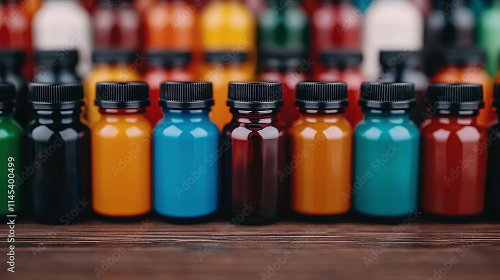 Colorful Bottles of Paint Arranged on Wooden Surface Colorful Bottles of Paint Arranged on Wooden Surface