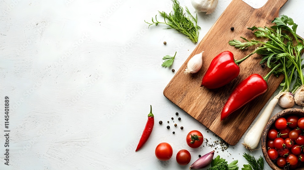 Fresh Red Peppers Herbs and Tomatoes on Wooden Board Fresh Red Peppers Herbs and Tomatoes on Wooden Board
