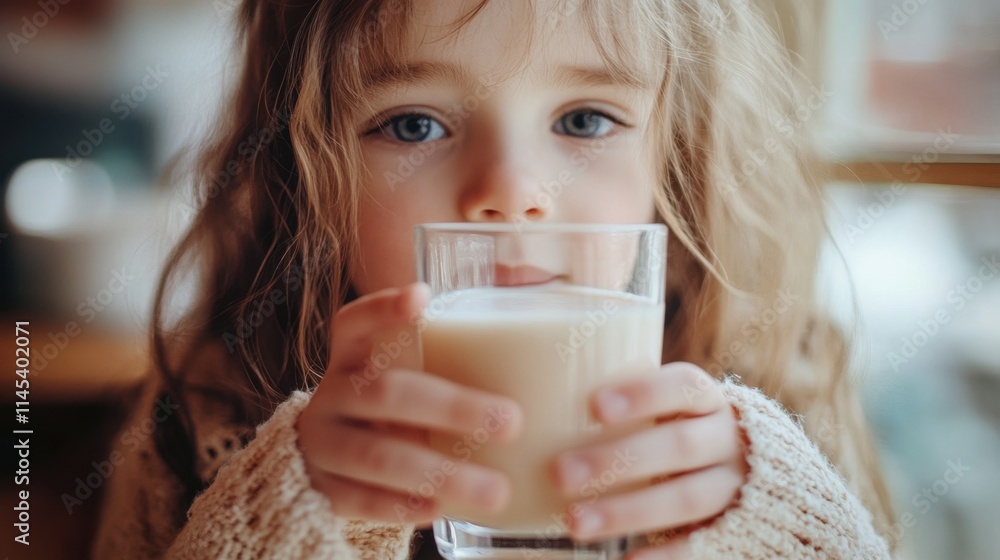 Little One's Delight: A sweet young girl, her blue eyes sparkling with delight, takes a sip from a glass of milk, capturing the simple joy of childhood. Little One's Delight: A sweet young girl, her blue eyes sparkling with delight, takes a sip from a glass of milk, capturing the simple joy of childhood.